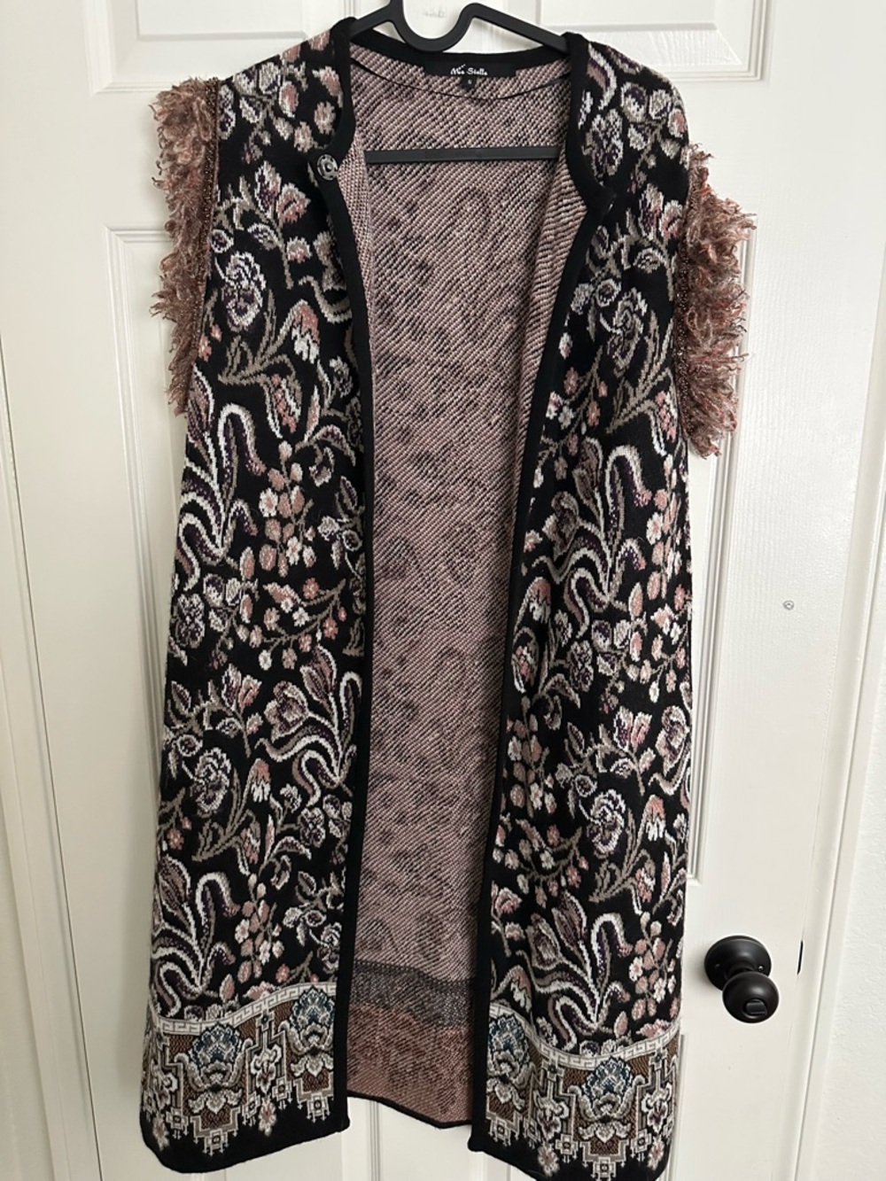 Mia Stella Paisley Flora Knit Vest Cardigan Fringe Sequin Boho S Made in Italy